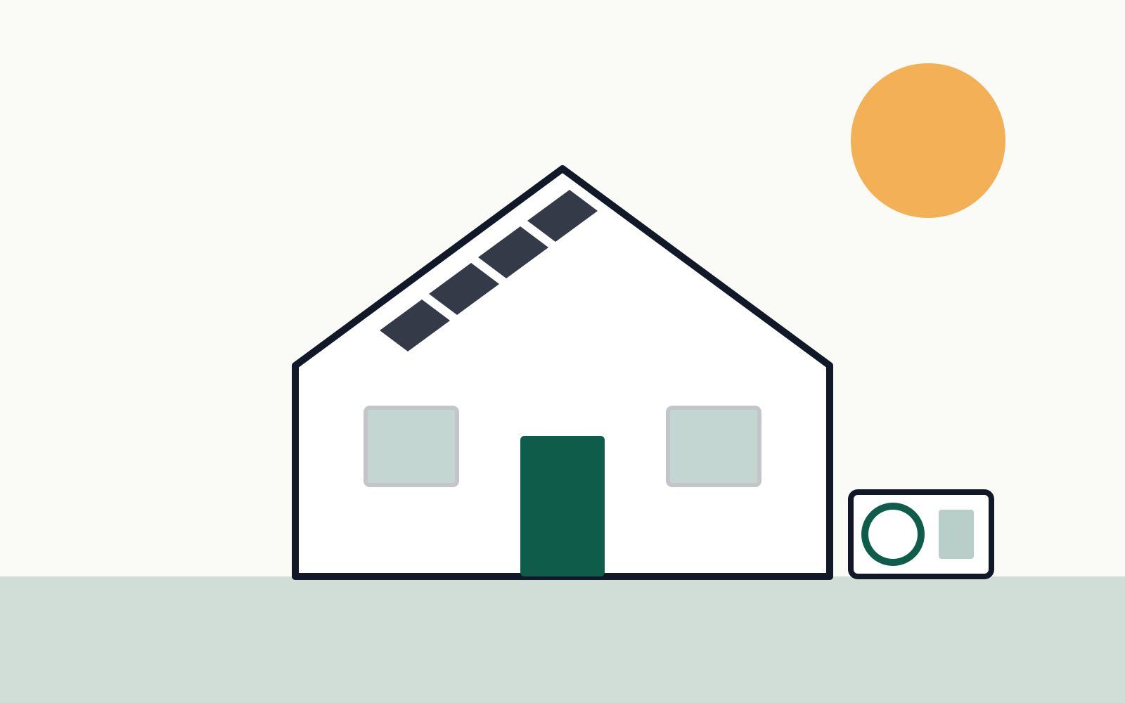 Illustratie van een woning met zonnepanelen en een warmtepomp